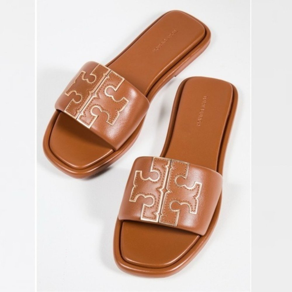 Tory Burch Tan Leather Logo Slide Sandals